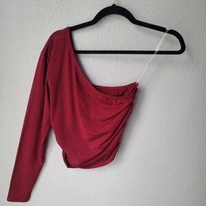 Bobi Los Angeles One Shoulder Ruched Sides Cropped Top Size Medium In Pinot Red